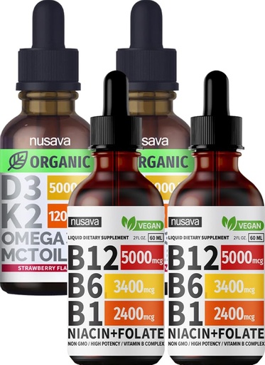 [BRSROAQ2B55GM3T2] NUSAVA Vitamin B12 Liquid Drops and Strawberry Flavored D3 K2 Bundle — Daily Wellness Liquid Vitamins for Energy & Immune Support — Non-GMO, Gluten-Free, 2pk Each