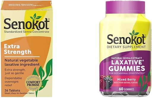 [BRSROAIPBUPWCC34] Senokot Extra Strength Natural Vegetable Laxative for Gentle Overnight Relief Occasional Constipation, 36 Count & Dietary Supplement Laxative Gummies, Natural Senna Extract, Gentle