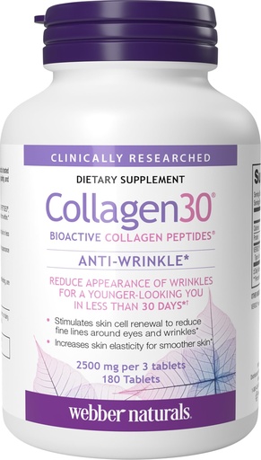 [BRSWY2TRCR5B6FAV] Webber Naturals Collagen 30 Anti-Wrinkle, 2,500mg of Bioactive Collagen Peptides Per Serving (3 Tablets), 180 Tablets, Helps Reduce Deep Wrinkles, Fine Lines, Non GMO, Dairy, Gluten Free