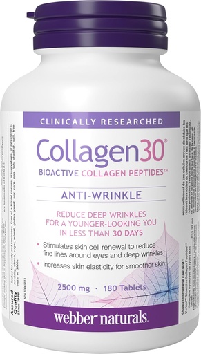 [BRSWY2TRCR5B6FAV] Webber Naturals Collagen30 Anti-Wrinkle, 2.500 mg de péptidos de colágeno bioactivo por ser, 180 Tablets, Ayuda a reducir las arrugas profundas, líneas finas &amp; estimula las células de la piel, no GMO, lácteo &amp; gluten Gratis