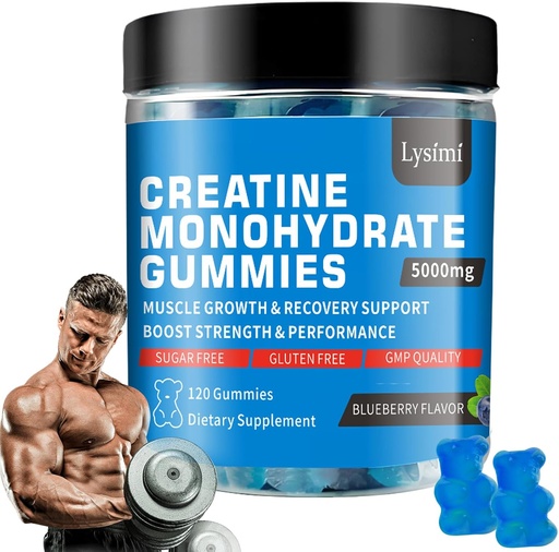 [BRSRAATQB57RQH3A] Creatine Monohydrate Gummies - 5g of Creatine Monohydrate per Serving- Increase Strength and Build Muscle, Sugar Free, Vegan, Blueberry Flavor, Each bottle/120 Capsules, for Men & Women (1)