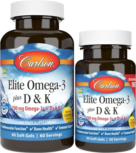 [BRSWGFAPOUHAOALK] Carlson - Elite Omega-3 Plus D & K, 700 mg Omega-3s + D3 & K2, Fonction, Bone Health & Immune Support, Citron, 60+30 Softgel