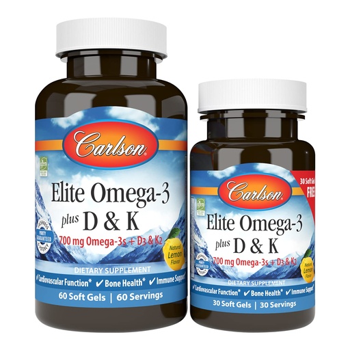 [BRSWGFAPOUHAOALK] Carlson - Elite Omega-3 Plus D & K, 700 mg Omega-3s + D3 & K2, Function, Bone Health & Immune Support, Lemon, 60+30 Softgel