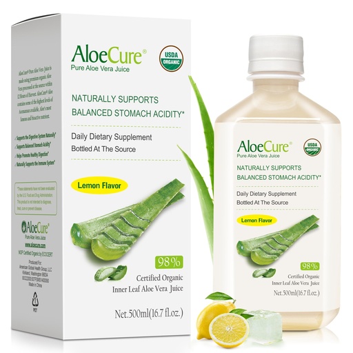 [BRSW2ZLQCJ7BAELB] AloeCure USDA Organic Aloe Vera Juice Lemon Flavor - Made Within 12 Hours of Harvest - Natural Digestive Supplement for Balanced Stomach Acidity - Support Digestive and Immune Health - 1 Btl x 16.7oz