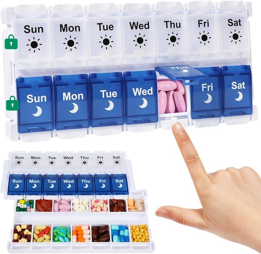 [BRSRAFQKABYQEALX] Shintop Weekly Pill Organizer 2 Times a Day, Easy Fill Am Pm Pill Box 7 Day Push Button Medicine Holder Daily for Vitamins Supplements(Blue & White)