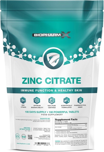 [BRSWGH3RCRYQYHTG] Zinc Citrate (100% Pure Certified/Maximum Strength 50mg Tablets x 100 (1 Per Day)