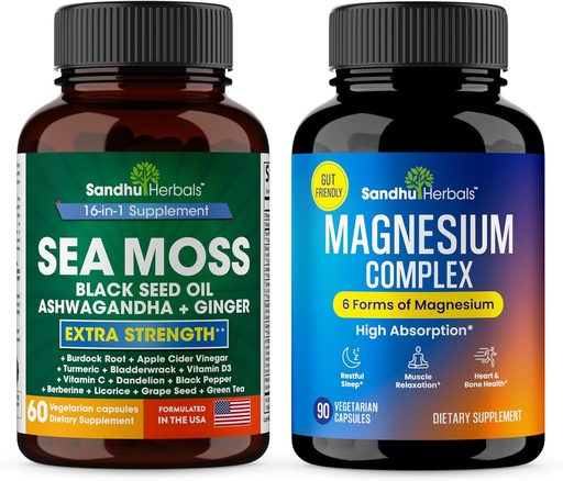[BRSRAFAQPIBQK2YU] SANDHUHERBALS Sandhu Herbals Sea Moss & Magnesium 6 in 1 Complex Supplement Combo | Supports Immune, Digestive Health & Restful Sleep