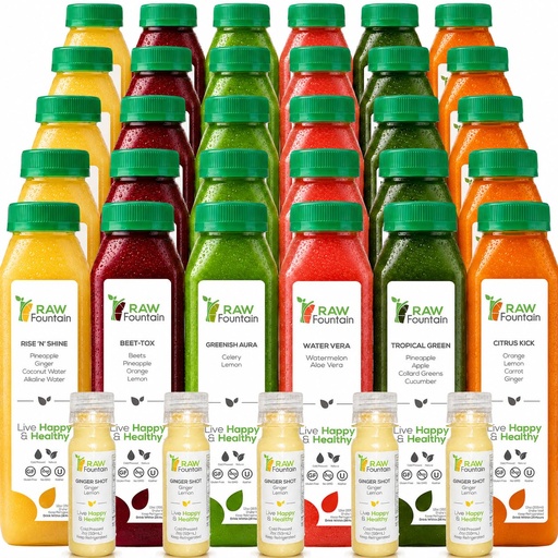 [BRSW2HT3BZ7BYDIU] RAW Fountain Juice Cleanse 5 Day, Tropical Detox Cleanse, 30 Bottles, 12oz | 5x Ginger Shots, All Natural Juice Detox, Cold Pressed Juice, Gluten Free, NO Added Sugar, Vegan, Kosher