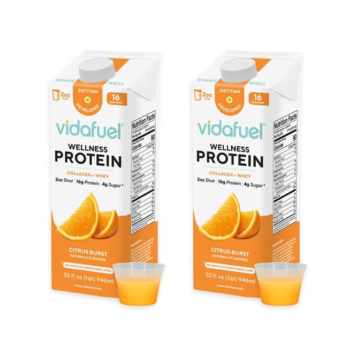 [BRSRMAT2CB7WM2Q2] Vidafuel Protéines Boissons, 16g Protéines par 2oz Shot, 32 fl oz Carton, 2 Pack, Citrus, Collagène et Whey Boissons, Pas d'édulcorants artificiels