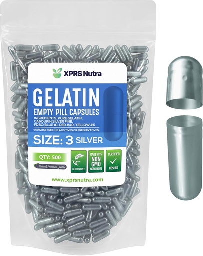 [BRSW2ZYDBUCR4FIU] XPRS Nutra Dimensiune 3 Capsule goale - 500 Capsule gelatinoase goale conte - Pastile capsule DIY Umplere - Capace pure de gel pentru pastila bovină Umplebile pentru Vitamine şi Suplimente Do-It-Yourself (Silver)