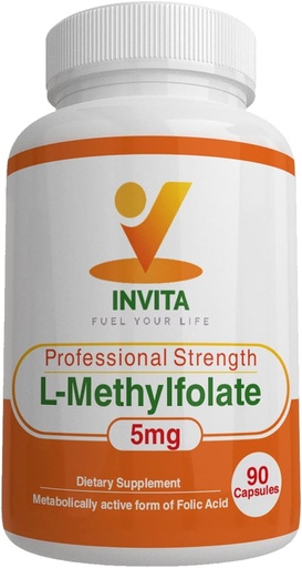 [BRSROYAKOQIGAFLU] INVITA L-Methylfolate - 专业强度活性甲基Folate - 5-MTHF 能源、水和免疫支持补充 - 非转基因生物、无胶质、无填料(5毫克)