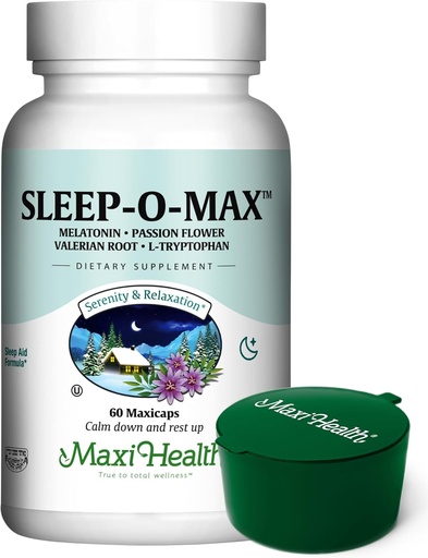 [BRSROCQLOF6QAAAV] Maxi Health Natural Sleep Supplement Herbal Sleep-O-Max with Valerian Root, Melatonin, Tryptophan, Passionflower - Calm Sleep Support Formula for Adults with Green Pillbox