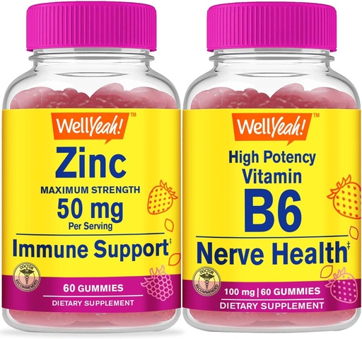 [BRSROEILAQCQA2A3] WellYeah Zinc + High Potency Vitamin B6, Gummies Bundle - Great Tasting, Vitamin Supplement, Gluten Free, GMO Free, Chewable Gummy