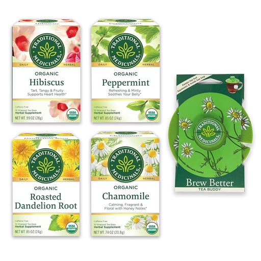 [BRSW2EIOAUPAYYDL] Medicamentos tradicionales, Paquete de Variedad Orgánica para la Wellness en cuatro sabores relajantes, Incluye menta, manzanilla, Hibiscus, Root de Dandelión Asado, Tea Buddy, 64 bolsas de té, (4 Pack)