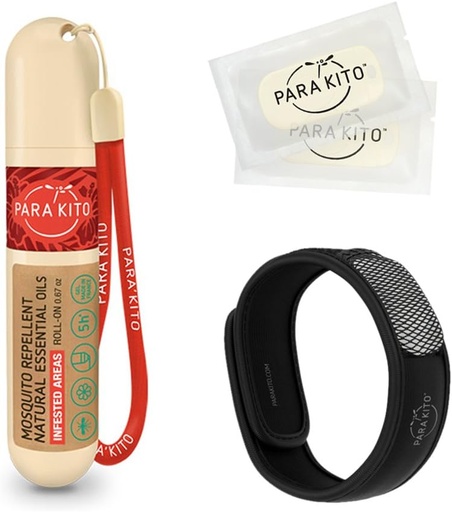 [BRSWGZAYCMNQKA3Z] PARA'KITO Mosquito Repellent Bundle, 1 Mosquito Repellent Bracelet, 1 Roll-on Gel, Bug Repellent Bracelets, Wearable Mosquito Repellent Devices, Black