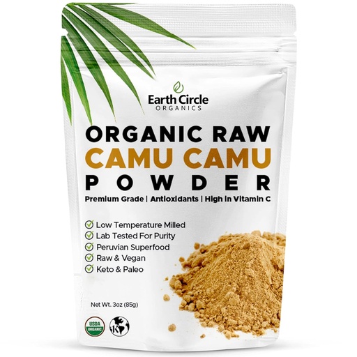 [BRSWKYIACAFBAYLA] Earth Circle Organics Camu Camu Camu Powder - Organic Raw Berry Powder con vitamina C & Antioxidants - Vegan, Kosher, Superalimento non GMO para inmunidade e enerxía - 3oz (Paque de 1)