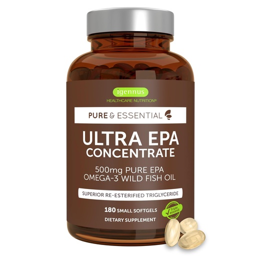 [BRSW2BIQDIHRY3AV] Igennus Ultra Pure Omega-3 EPA 500mg, Highly Concentrated IFOS Certified Wild Fish Oil, Advanced rTG Triglyceride Form, Non-GMO, 180 Small Softgels