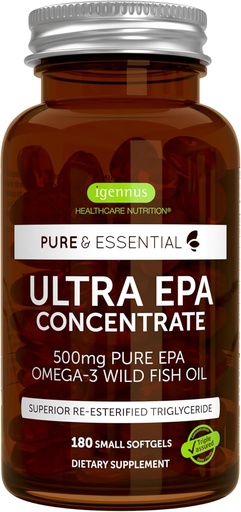 [BRSW2BIQDIHRY3AV] Igennus Ultra Pure Omega-3 EPA 500mg, Olio di pesce selvatico certificato IFOS, Forma di trigliceridi rTG avanzata, Non OGM, 180 Small Softgels