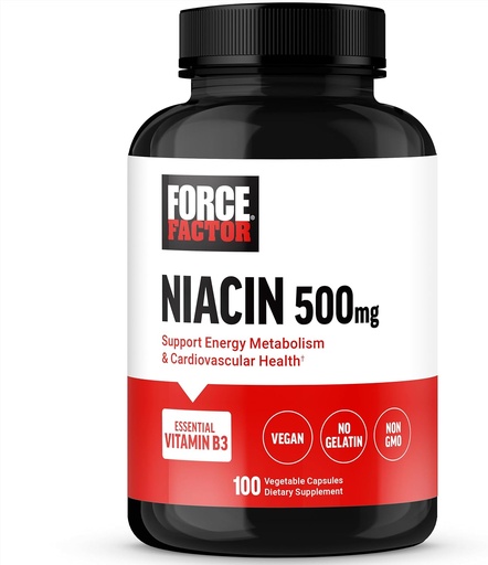 [BRSRAHQFA4GQIDI3] FORCE FACTOR Niacin Vitamin B3 til støtte Cellulær energi og cardiovaskulær sundhed, Niacin 500mg Heart- Health Supplement, Vegan, No Gelatine, Non- GMO, 100 Vegetabilske kapsler