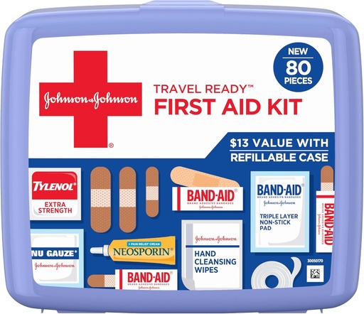 [BRSRMZTYBYIAOHT5] BAND-AID Brand Travel Ready Portable Emergency First Aid Kit for Minor Wound Care, Perfect for Home, Car, Travel, Camping Essentials & Outdoor Emergency Kit, 80 Pieces