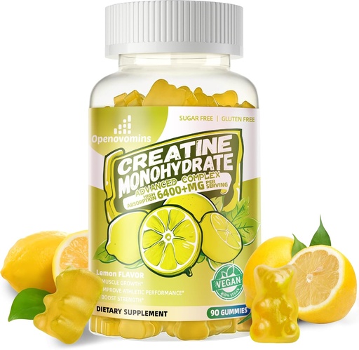 [BRSRAGQQOYIBE2T3] Creatine Monohydrate Gummies Complex for Men & Women -Advanced Formula W/L-Taurine + Vitamin B12, Sugar Free Chewable Supplement,90 Lemon Gummies