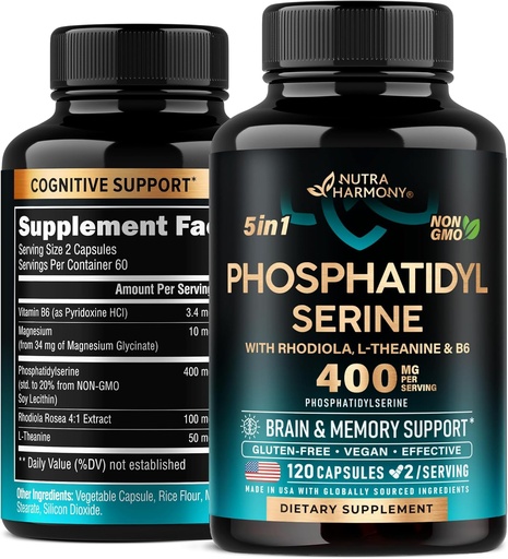 [BRSRA2T6BN6BMFLF] Phosphatidylserine 400 mg with L-Theanine, Magnesium & Vitamin B6, Rhodiola Rosea - Brain, Memory & Focus Support - Certified Non-GMO, Naturally Derived & Bioavailable - Made in USA - 120 Сapsules