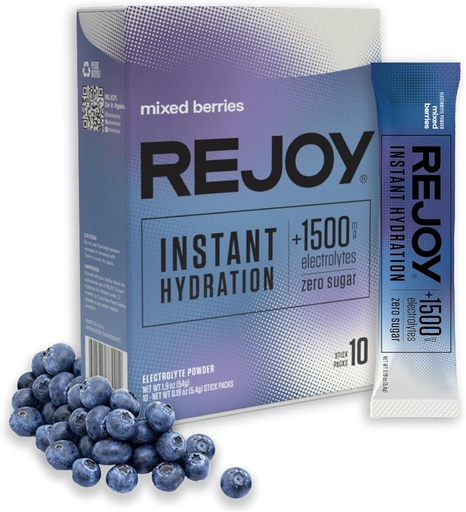 [BRSRAZTROIAWYHI7] Rejoy – Electrolyte Powder Packets, 10 Sticks – Hydration Drink Mix Supplement – Sugar Free, Keto and Paleo Friendly, Vegan, Non-GMO, Easy Open Single-Serving Stick (Mixed Berries)