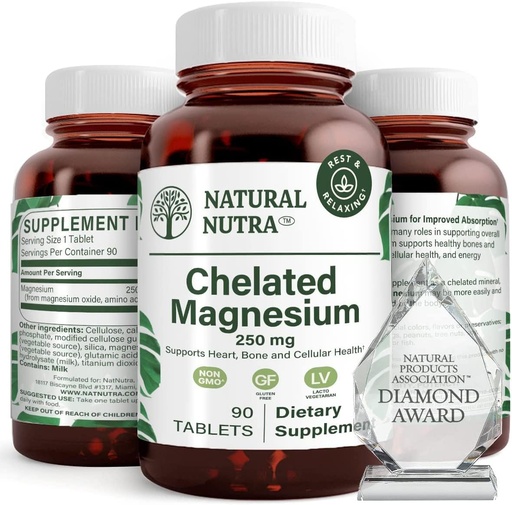 [BRSWYAYNBYFQAYLG] Natural Nutra Chelated Magnesium Oxide 250 mg - High Absorption for Strong Bones, Heart Health, Energy Boost, Gluten-Free, Non-GMO, 90 Tablets (3 Pack) in BPA-Free Recyclable Glass Bottles