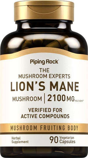 [BRSWKGY5CZ6W2FIV] Piping Rock Lions Mane Supplement Capsules | 90 Count | with Black Pepper | Mushroom Fruiting Body Extract | Hericium Erinaceus | Vegetarian, Non-GMO, Gluten Free