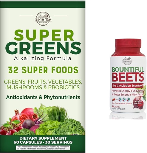 [BRSRAY33CJYRYE3Z] COUNTRY FARMS Super Greens Fruit Vegetable Probiotics Antioxidants Phytonutrients Beet Root Nitric Oxide Circulation Immune Support Capsules