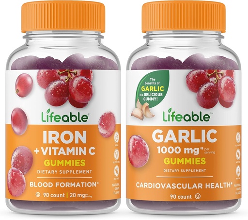 [BRSRMYAYA4NRSGTG] Lifeable Iron with Vitamin C + Garlic 1000mg, Gummies Bundle - Great Tasting, Vitamin Supplement, Gluten Free, GMO Free, Chewable Gummy