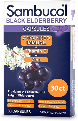 [BRSWYZQTCMFBYCLB] Sambucol Black Elderberry Capsules - Advanced Immune, Vitamin C and Zinc, Elderberry Capsules, Immune Support Supplement, Black Elderberry Supplements, Gluten Free, Easy to Swallow Capsules - 30 Count