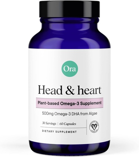 [BRSW2AT5OUAQK3LG] Ora Organic Vegan Omega 3 Supplement - 500mg DHA for Brain, Eye, and Heart Health - Made from Sustainable Algae - 60 Capsules