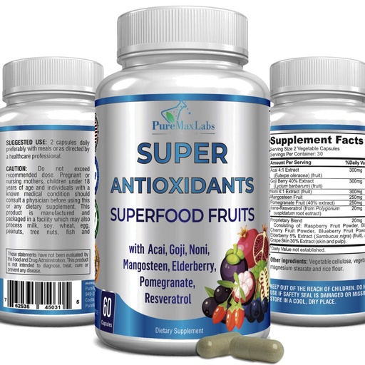 [BRSWYBTQDMIWM23B] Super Antioxidant Fruit Superfood Complex - Powerful Antioxidant Superfruits, Acai, Goji, Noni, Mangosteen, Pomegranate, Elderberry, Resveratrol, Immune Support, Skin Care - 60 Capsules