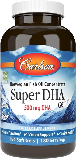 [BRSWIYYFAV5G2CL4] Carlson - Super DHA Gems, 500 mg DHA Supplements, 640 mg Fatty Asits, Wild-Caught Norveç Arctic Omega 3 Fish Oil Supplement, Sustainable Sourced Fish Oil Capsules, 180 Softgels