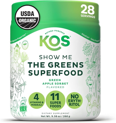 [BRSWGBQOAUCAY2Q3] KOS Organic Super Greens Powder Erythritol Free - Базиран на растителна основа Superfood Brend with Spirulina, Chlorella & Wheatgrass - USDA Certified Organic, Green Juice Smoothie - Apple Flavor - 28 Servings