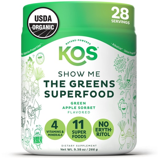 [BRSWGBQOAUCAY2Q3] KOS Organic Super Greens Powder Erythritol Free - Plant Based Superfood Blend with Spirulina, Chlorella & Wheatgrass - USDA Certified Organic, Green Juice Smoothie - Apple Flavor - 28 Servings