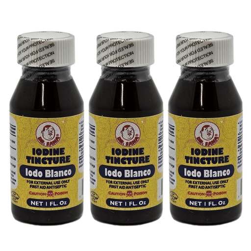[BRSW2AQZC4MB43T2] Decolorized Iodine Tincture. First Aid Antiseptic for Minor Scrapes, Cuts, Bruises and Burns. 1 fl.oz. Pack of 3