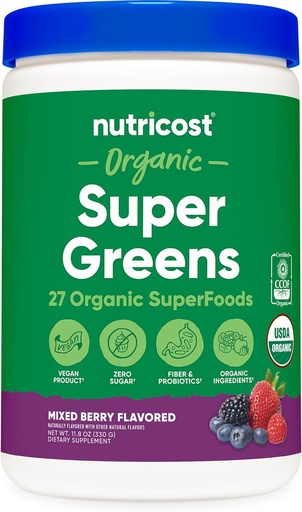 [BRSRAZQRB4FRSFLG] Nutricost Organic Super Greens Pulbere (30 Serviri) Aroma mixta de berry - Superfood Supplement Drink Mix