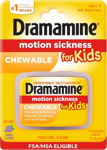 [BRSWIZI5BIPRQCAV] Dramamine Motion Sickness Relief for Kids | Chewable Grape | 8 Count