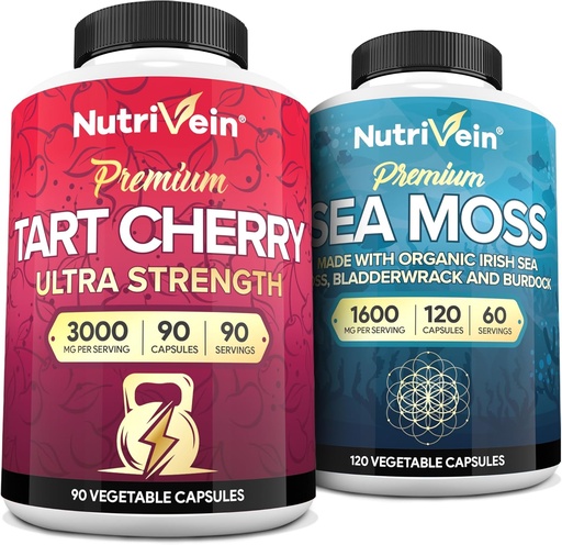 [BRSRAAQYBANAA2TJ] Nutrivein Irish Sea Mos Capsules och Tart Cherry Capsules Bundle: Sea Moss & Tart Cherry Supplement Set för Digestive Support och Daily Wellness
