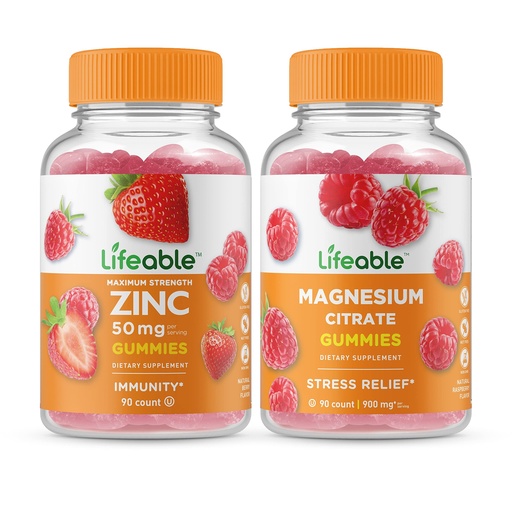 [BRSW2H3YDJ6QEAD6] Lifeable Zinc 50mg + Magnesium, Gummies Bundle - Great Tasting, Vitamin Supplement, Gluten Free, GMO Free, Chewable Gummy