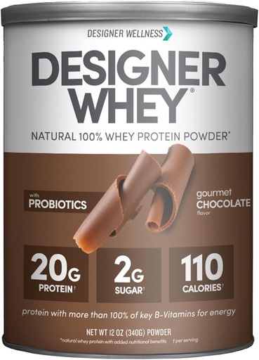 [BRSWIYYMPMABQHDU] Designer Wellness, Designer Whey, Natural Whey Protein Powder com Probióticos, Fibra e Key B-Vitaminas para Energia, Sem Glúten, Chocolate Gourmet, 12 onças