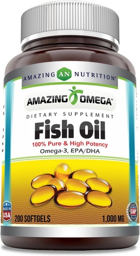 [BRSWG2QBBEPBOEL6] Amazing Omega Fish Oil 1000 mg Softgels Supplement | Omega-3, 180 mg EPA. 120 mg DHA | High Potency (200 Count)
