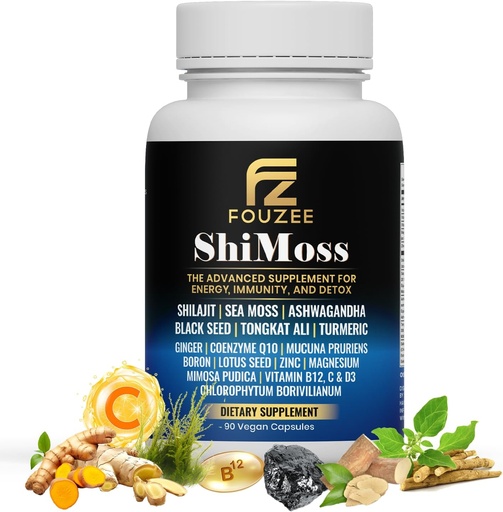 [BRSRAED5CEFAIF3X] ShiMoss Supplement w/Shilajit 1000mg, Sea Moss 7000mg, Ashwagandha 9000mg, Tongkat Ali 90000 mg, Vitamin C, B12, Boron, Turmeric, Ginger - Immunity Dietary Capsule for Men & Women - 90 Count