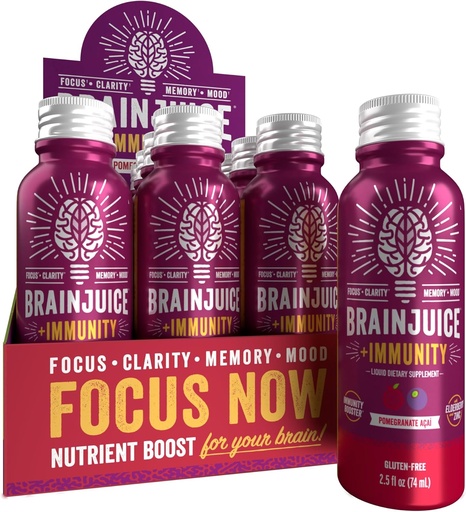[BRSW2HY2CUFRMGQ6] BrainJuice Brain and Immune Support Shot, Gluten Free Supplement Shots for Energy, Focus, Immunity with Vitamin D, C B, Alpha GPC & Organic Ginger Root, Pomegranate Acai, 2.5 fl oz, 12 Pack