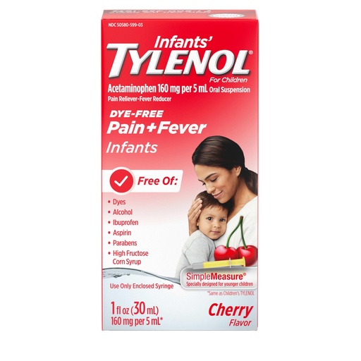 [BRSWYEAOPIIA4DTU] Infants' Tylenol Oral Suspension Liquid Medicine with Acetaminophen, Baby Fever Reducer & Pain Reliever for Minor Aches & Pains, Sore Throat, Headache & Teething Pain, Dye-Free Cherry, 1 fl. oz