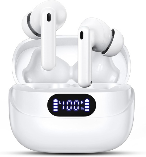 [BRSROCAFAB4BEEI7] Wireless Earbuds, 42H Playtime Bluetooth 5.3 Headphones, HiFi Stereo Call Noise Cancelling Earbuds, IPX7 Waterproof Stereo in-Ear Earphones with LED Display for iOS Android (White)