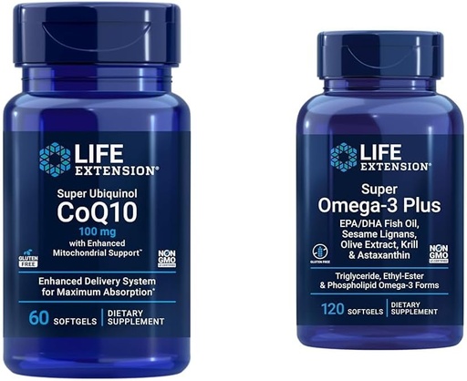 [BRSROBL3DEFQOGT2] Extension de vie Super Ubiquinol CoQ10 avec soutien Mitochondrial amélioré et Super Omega-3 Plus EPA/DHA Huile de poisson, sésame Lignans, extrait d'olive, Krill & Asta