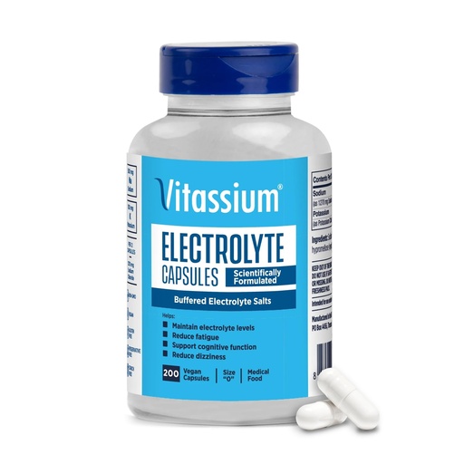 [BRSRABQCCQMAI23X] Vitassium Electrolyte Capsules, Electrolytes for The Management of POTS and High Sodium Diets (500mg Sodium - 100mg Potassium), Unflavored, 200 Salt Pills (Size 0)